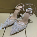 Luxury Pearls Sequined Air Mesh Women Pumps Summer Elegant Pointed toe Slingbacks Thin High heels Fashion Wedding Party Shoes Apricot