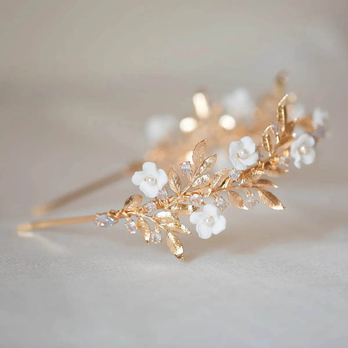 Bridal Hair Jewelry Porcelain Flower Headband Tiara Gold Color Leaf Headpiece For Brides Rhinestones Crown Wedding Accessories