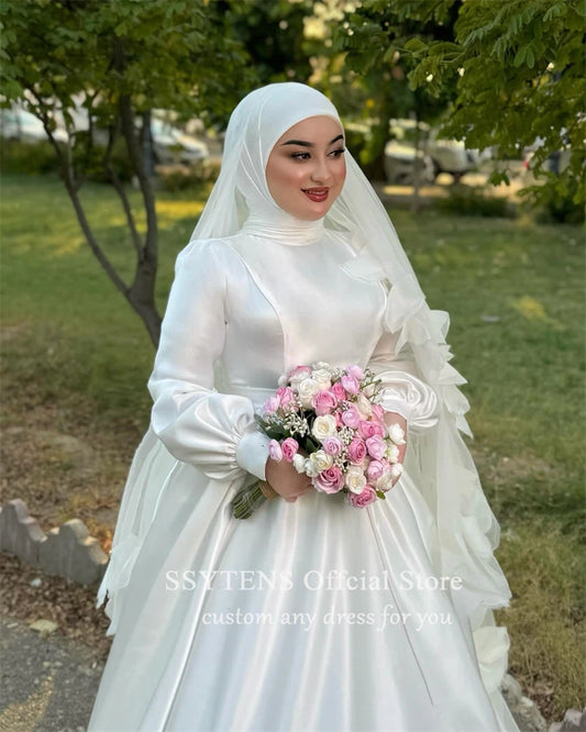 Muslim A-line Wedding Dresses High Collar Satin Bride Gown Floor Length Bridal  Dress Long Sleeves Custom robe de mariée