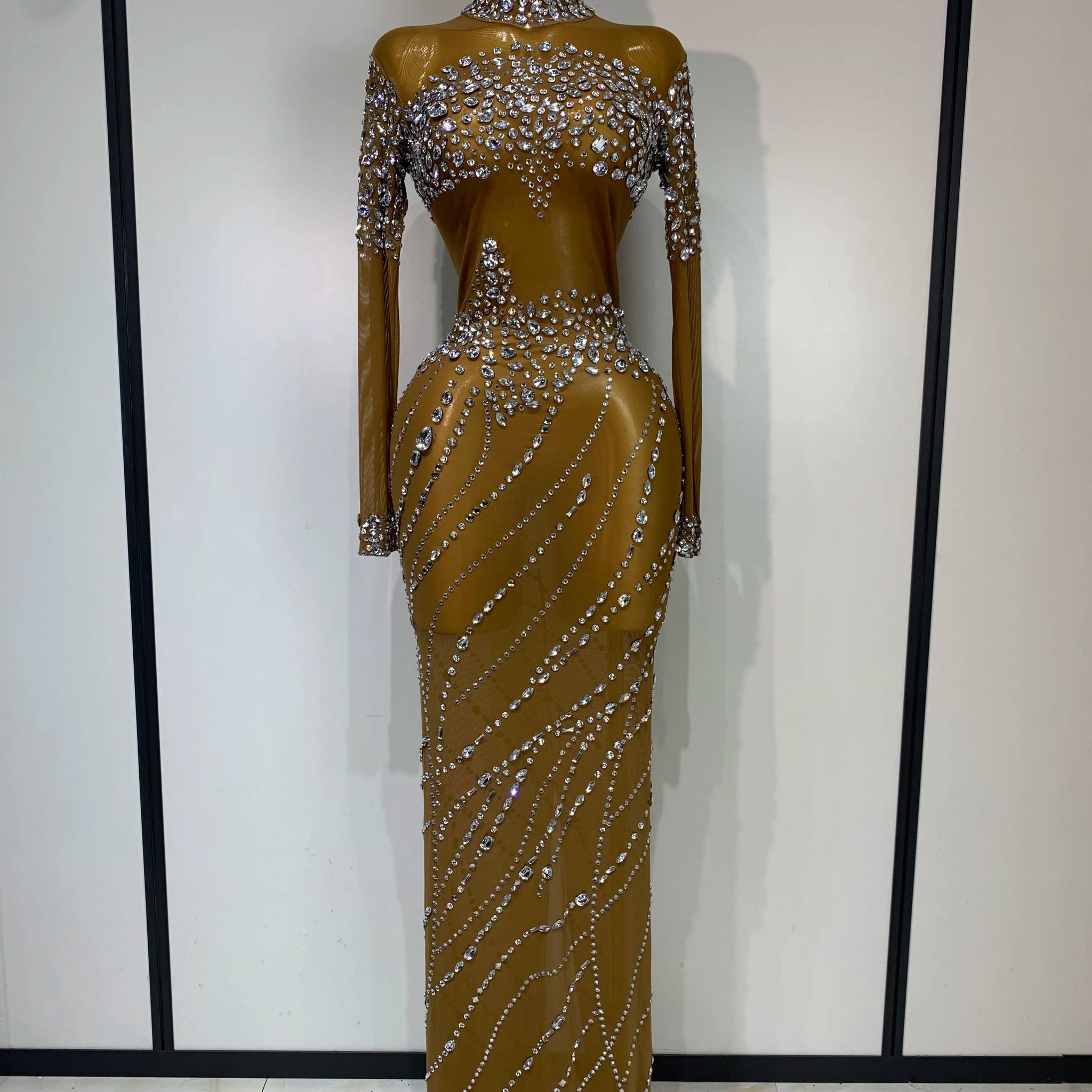Sparkly Rhinestone Mesh Transparent Brown Long Dress Evening Party Luxury Birthday Celebrate Costume Nightclub Dancer Outfit Dark Brown
