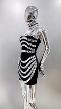 Spring Women Sexy Strapless Big Crystak Bodycon Mini Bandage Dress Necklace Fashion Celebrate Nightclub Party Dress