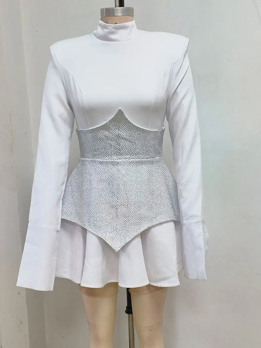 2024 Elegant Women'S Christmas Dress Pleated Mini Dress Stand Collar Long Sleeved Rhinestone Design Dress Cocktail Party Vestido WHITE