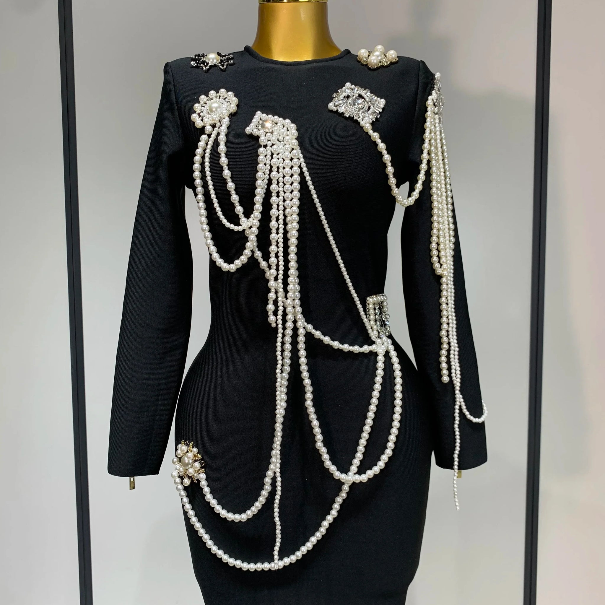Luxury Birthday Dress Women Beading Diamond Black Bodycone Bandage Wrapped Hip Dress Elegant Long Sleeves Evening Party Gown black