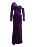 2024 Sexy Women Light Luxury Sparkle Velvet Dress with Diagonal Collar Long Sleeve Draped Bodycon Split Body Long Dress Vestidos