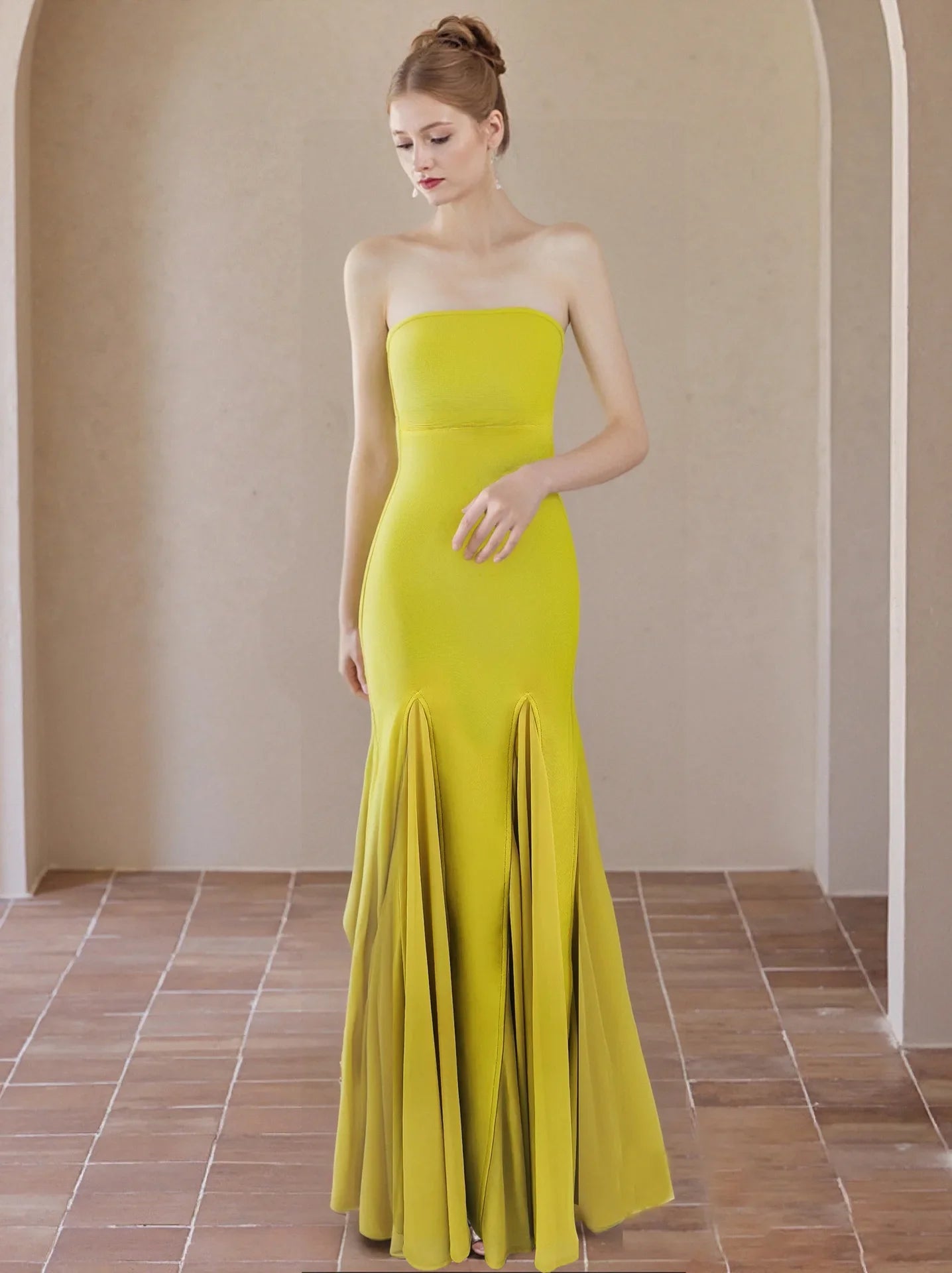 New Fashion Yellow Color Women Sexy Strapless Bodycon Bandage Long Dress Celebrate Birthday Party Evening Outfit Wholesale