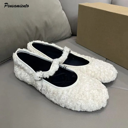 2025 Winter Warm Furry Wool Women Ballet Flats Comfortable Soft Soles Mary Janes Walking Loafers Casual Girls Dance Lazy Shoes