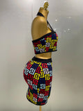 Women Sexy Backless Halter Jacquard Two Piece Mini Skirt Bandage Set Celebrity Designer Evening Party Women's Set