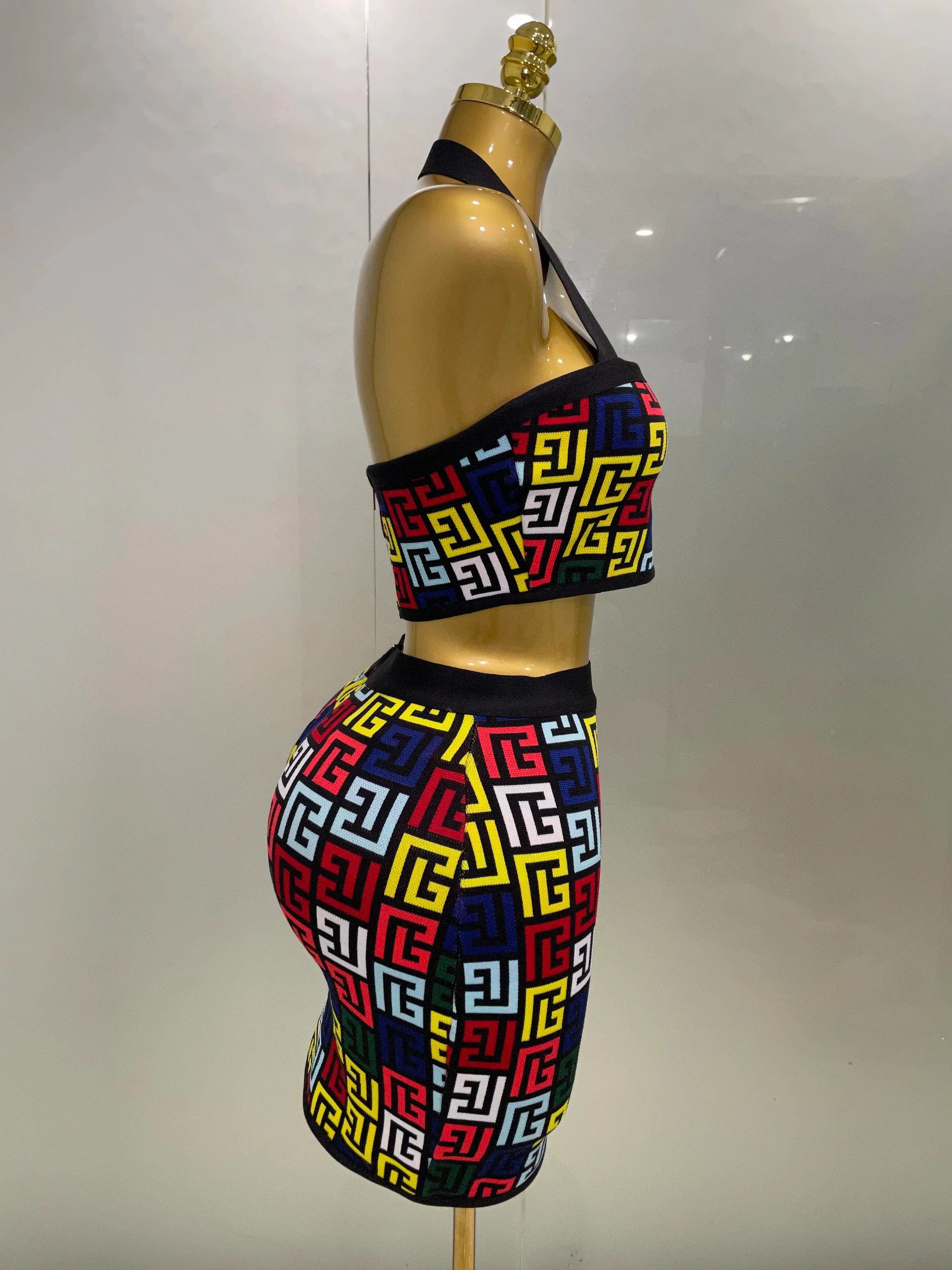 Women Sexy Backless Halter Jacquard Two Piece Mini Skirt Bandage Set Celebrity Designer Evening Party Women's Set