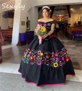 Black Mexican Quinceanera Dresses Charro Vestidos De 15 Xv Anos Satin Vestio De Novias Off Shoulder Halloween Costume Customized