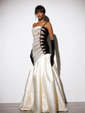 Elegant Strapless Slim Long Dress Sexy One Shoulder Black And White Contrasting Evening Gowns Banquet Wedding Dress For Women