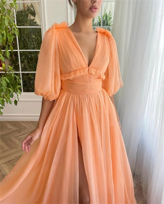 Orange Tulle Prom Dresses V-neck A-line Wedding Dress Elegant Half Sleeves Floor-Length Side High Split Vestidos De Fiesta