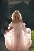 Baby Pink Off Shoulder Prom Dress Sweet Edge Curl Organza Vestidos De Noche Puffy Prom Dress Princess فساتين السهرة