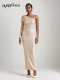 2024 Women's Light Luxury Glitter Dress with Diagonal Collar Single Shoulder Sleeve 3D Flower Decoration Bodycon Long Dresses