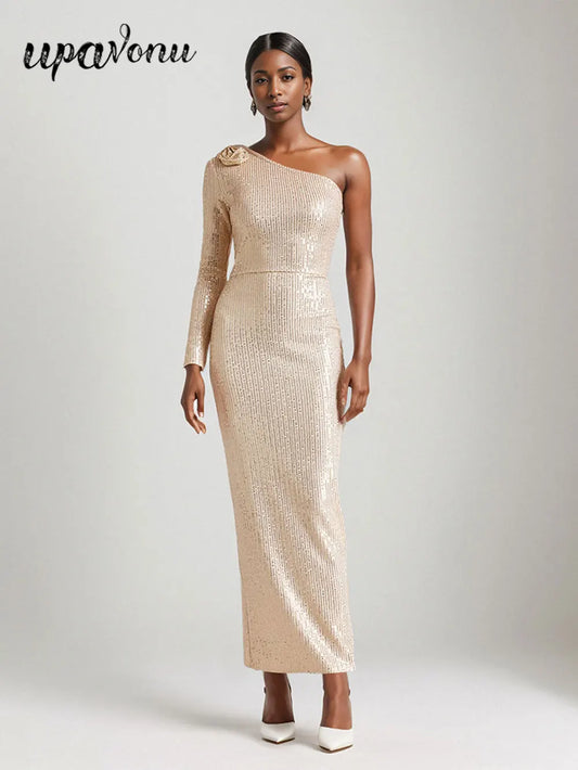 2024 Women's Light Luxury Glitter Dress with Diagonal Collar Single Shoulder Sleeve 3D Flower Decoration Bodycon Long Dresses