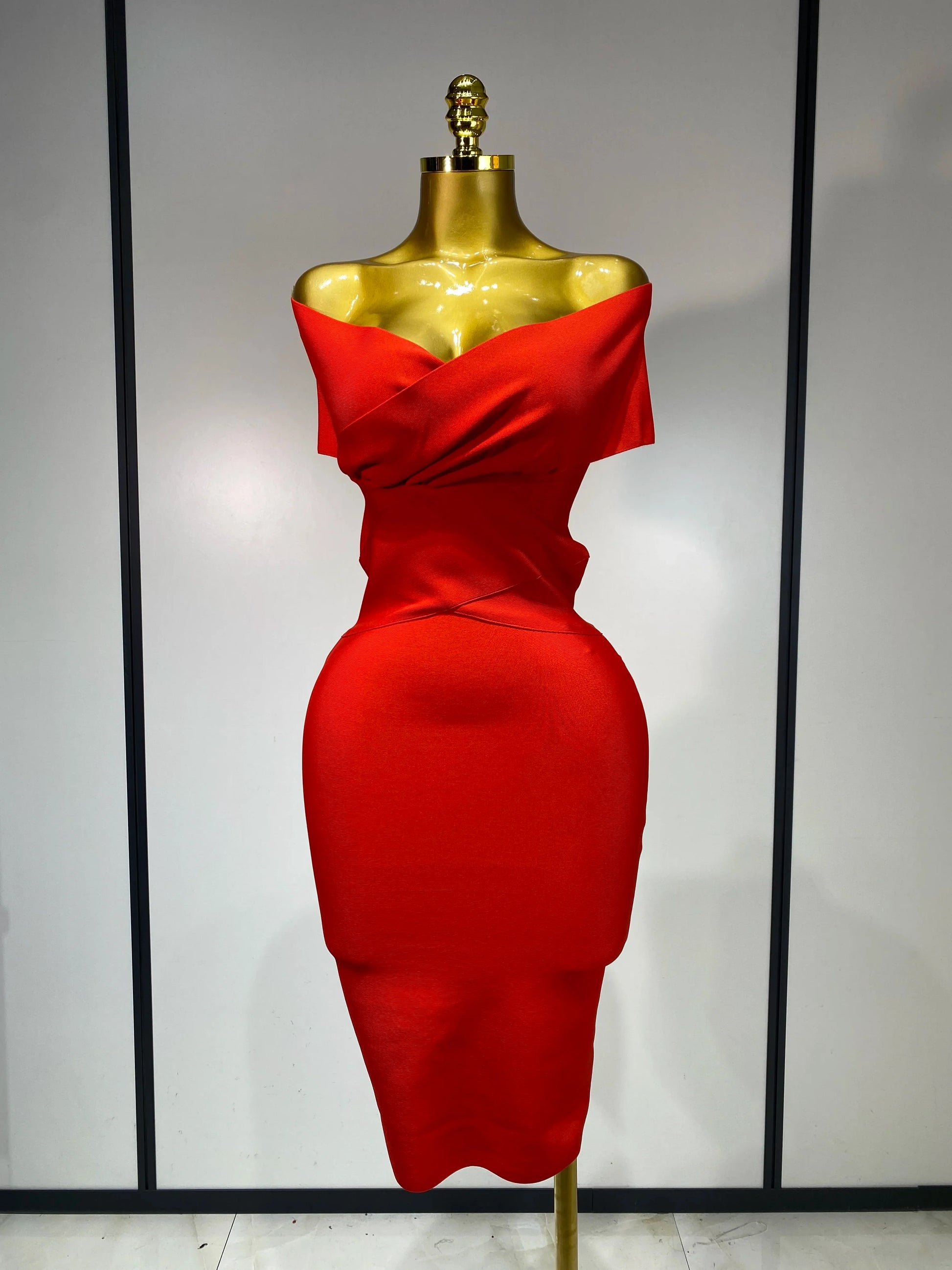 High Quality Women Bodycon Sexy Off The Shoulder Bandage Dress Club Dress Midi Celebrity Elegant Party Luxury Birthday Dress Red