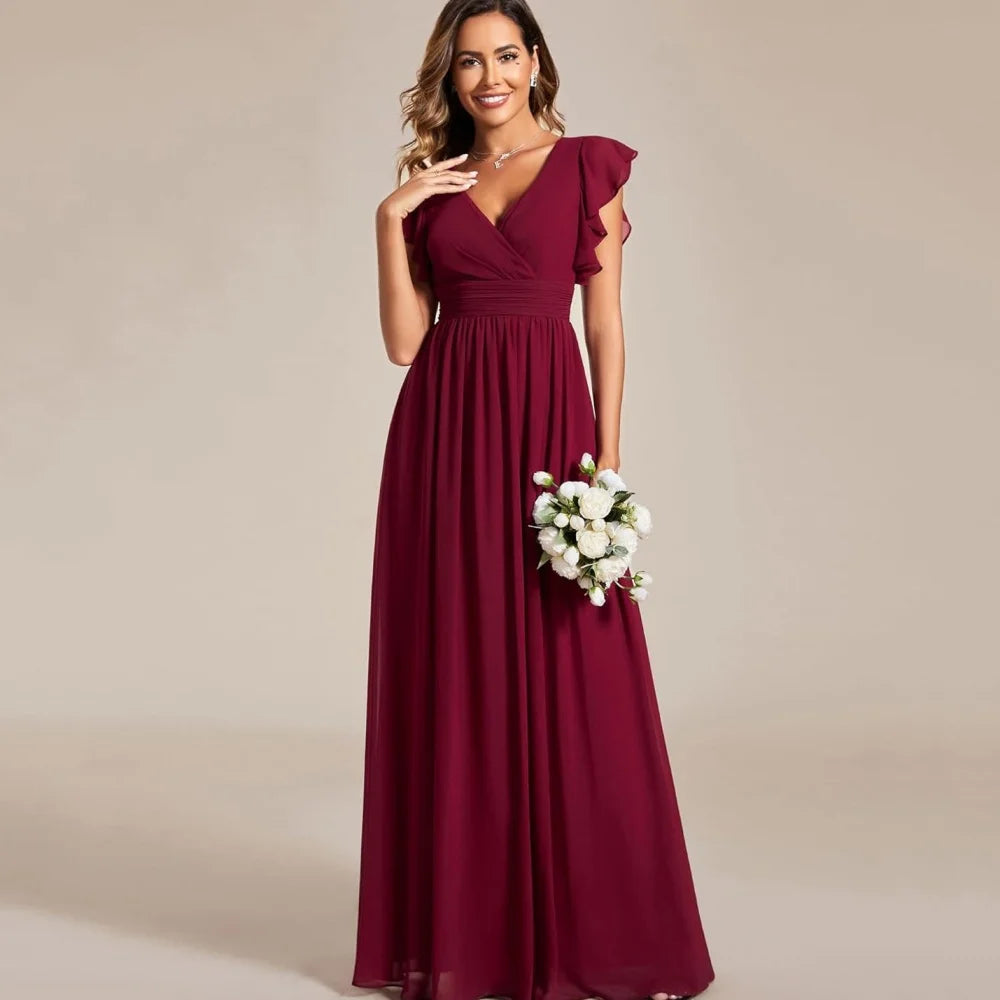 Customized Mother of Dresses A Line Elegant V Neck Bride Party Dress Short Sleeve Chiffon Evening Gowns robes invitée mariage