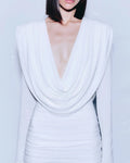 White Color Women Long Sleeve Sexy V-Neck Draped Bodycon Long Dress Fashion Celebrate Evening Party Birthday Outfit