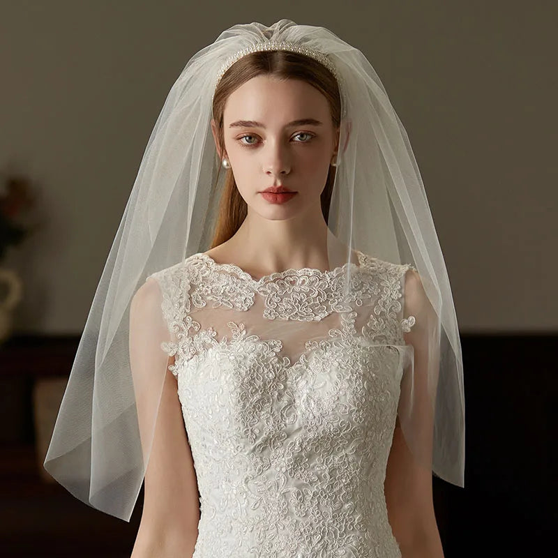 Pearls Headbands Headpieces Lace Veil Headdress Bride Women Girl Birthday Gift Hairbands Wedding Hair Accessories Bridal Jewelry