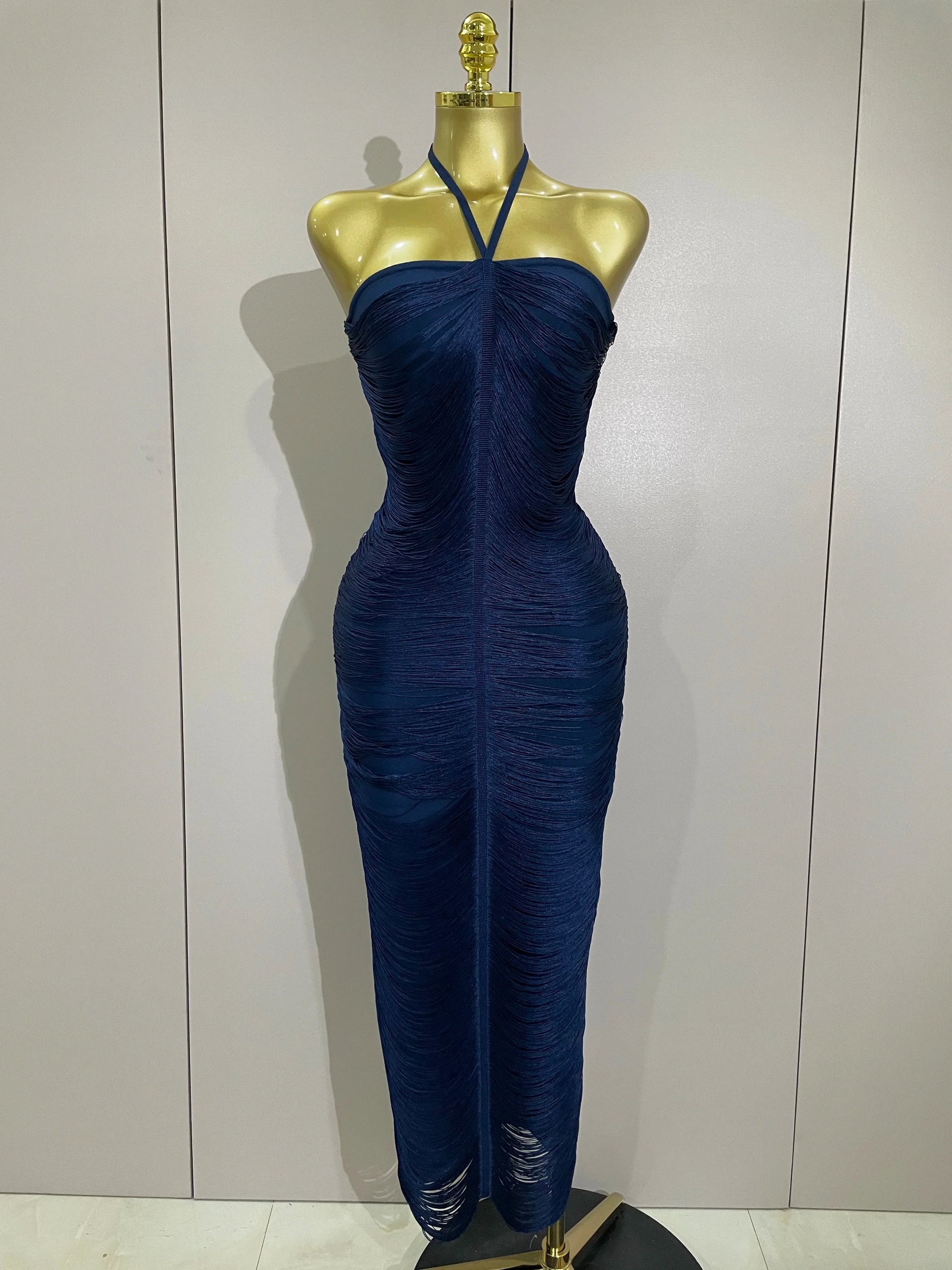 Sexy Backless Green Tassel Ankle Bodycon Bandage Dress Women Celebrity Elegant Evening Club Luxury Birthday Party Outfit Navy Blue