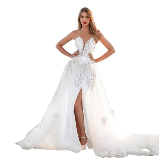 Charming Gorgeous Prom Dresses Strapless Sleeveless Sequins Appliques Split Long Formal Dress Women Evening Gowns Custom Made