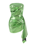 Women Sexy Strapless Shinning Leather Bodycon Mini Draped Dress Celebrate Nightclub Party Chiristmas Bar Singer Wear