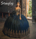 Princess Navy Blue Quinceanera Dress With Gold Appliques Long Sleeve Corset Vestidos De Xv Años Sixteen Birthday Customized