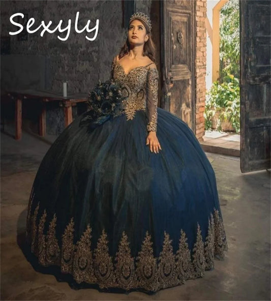 Princess Navy Blue Quinceanera Dress With Gold Appliques Long Sleeve Corset Vestidos De Xv Años Sixteen Birthday Customized