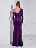 2024 Sexy Women Light Luxury Sparkle Velvet Dress with Diagonal Collar Long Sleeve Draped Bodycon Split Body Long Dress Vestidos