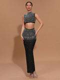 Sexy Women'S Light Luxury Hot Stamping Design Long Skirt Bandage Set O-Neck Sleeveless Ultra Short Top+Skirt Two-Piece Set black