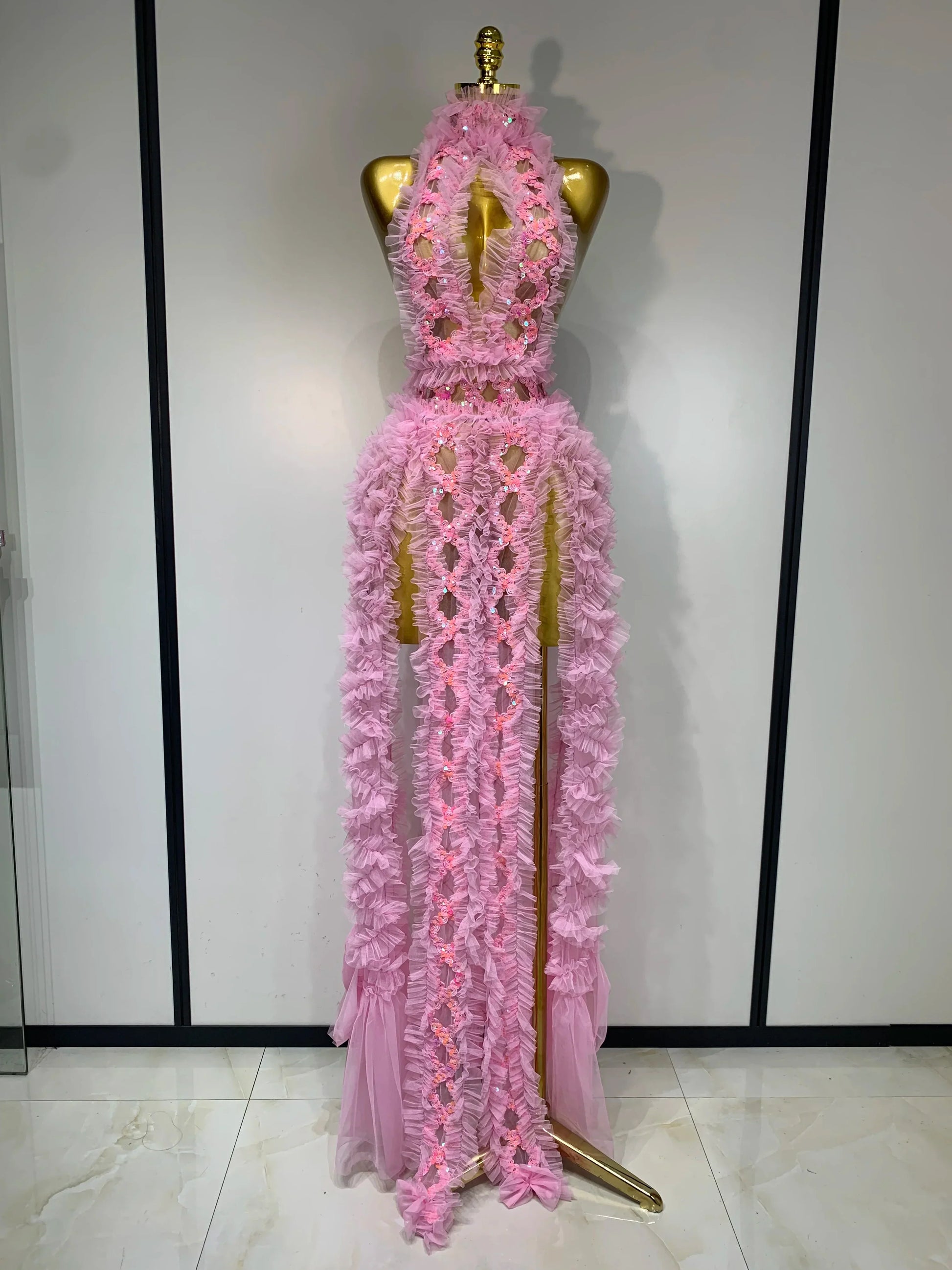 Mesh Sequins Sexy Backless Halter See Through Dress Birthday Evening Party Prom Nightclub Singer Stage Performance Costume Pink