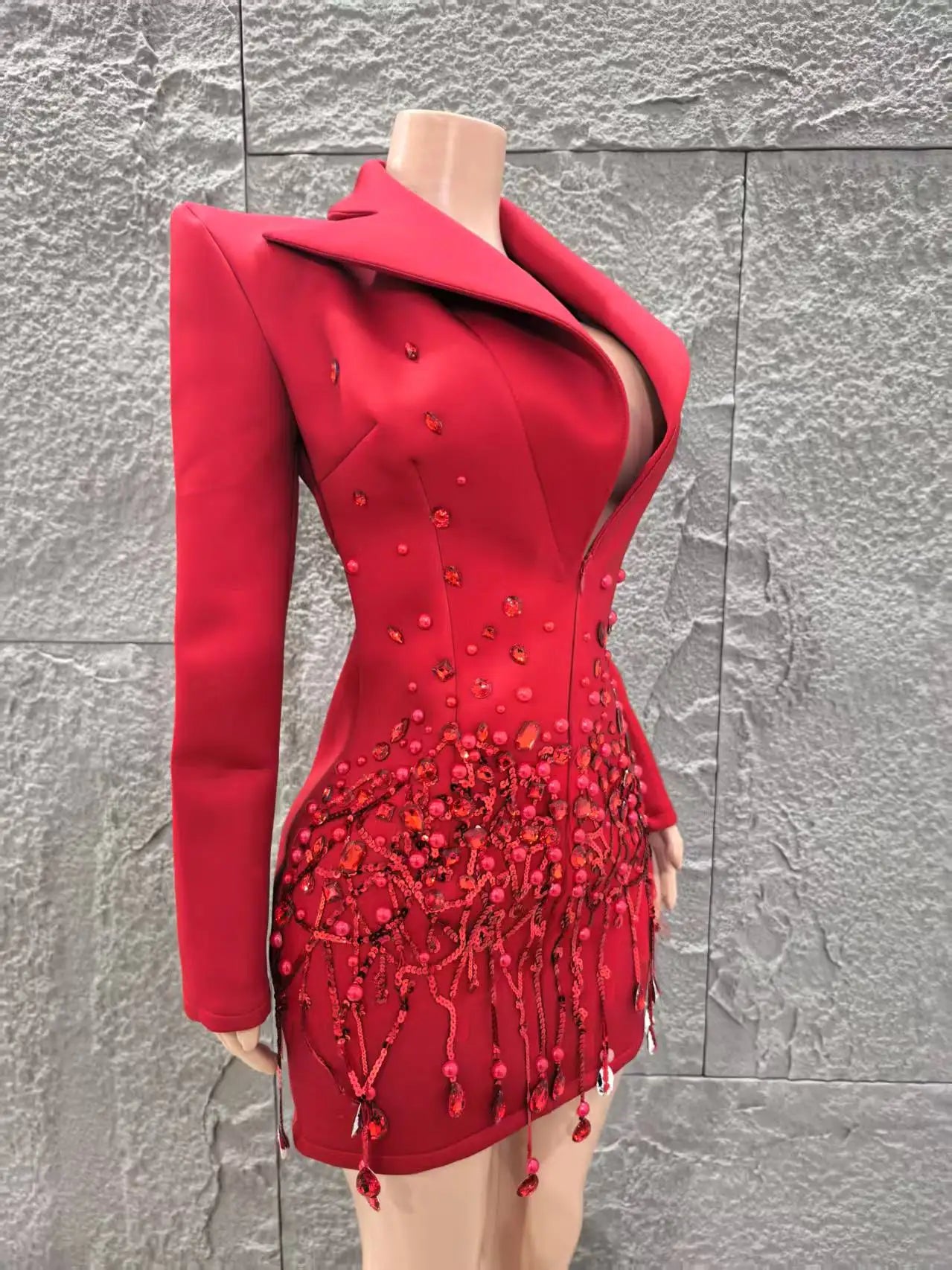Women Long Sleeve Sexy Deep V-Neck Bodycon Blazer Dress Shinning Sequins Celebrate Nightclub Bar Singer Stage Wear