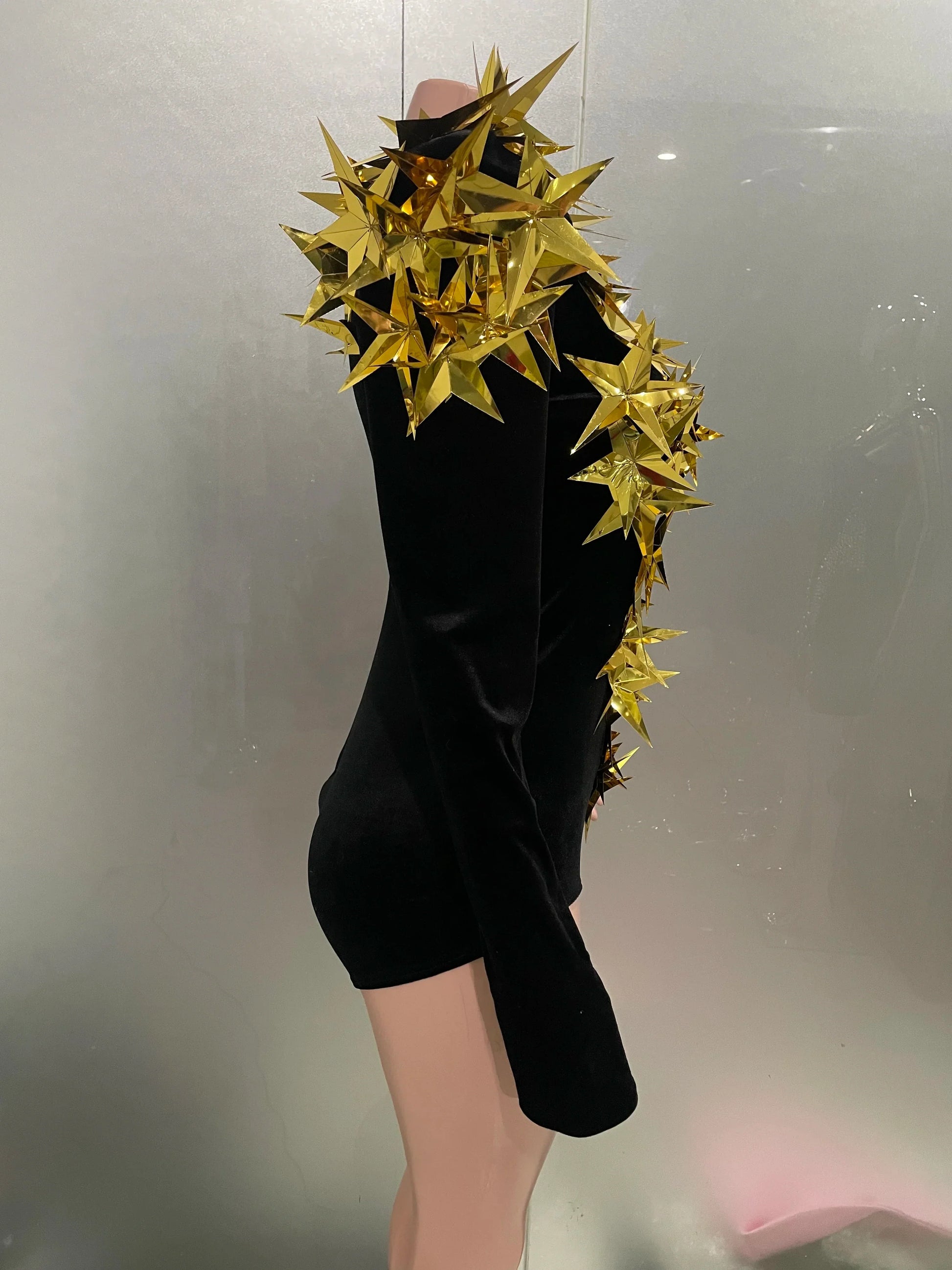 Shiny Gold Rhinestone Black Velvet Long Sleeve Bodysuit Women Evening Party Club Gala Hosts Night Club Bar Stage Costumes
