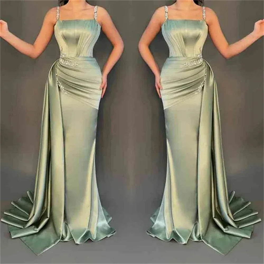 Green Satin Prom Dresses Spaghetti Strap Wedding Dress Elegant Sleeveless Floor-Length Pleats Vestidos De Fiesta