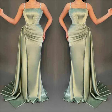 Green Satin Prom Dresses Spaghetti Strap Wedding Dress Elegant Sleeveless Floor-Length Pleats Vestidos De Fiesta