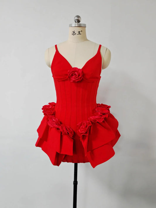 Red Color Women Sleeveless Florals Sexy V-Neck Bodycon Mini Bandage Dress Nightclub Party Celebrate Christmas Wedding Outfit Red