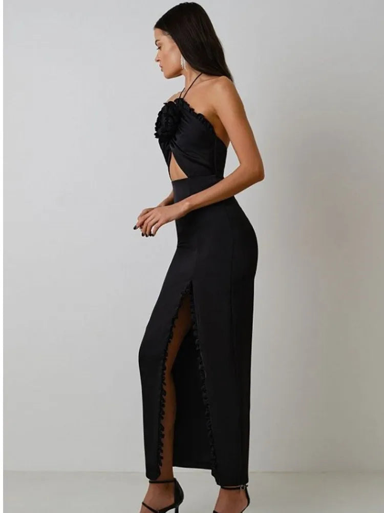 Black Skyblue Color Women Sexy Halter Off the Shoulder Bodycon Mid-calf Bandage Dress Fashion Nightclub Party Celebrate Dress