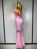 Women Sexy One Shoulder Color Block Bodycon Bandage Dress Celebrity Elegant Evening Club Luxury Birthday Party Outfit