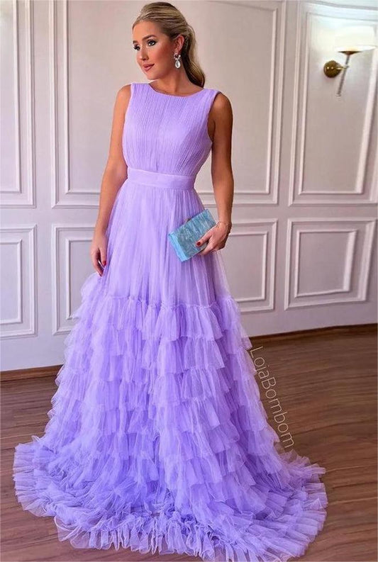 Vintage Lavender Tulle Prom Dresses O-Neck Tiered A-Line Floor Length Formal Occasion Dresses فستان سهرة نسائ