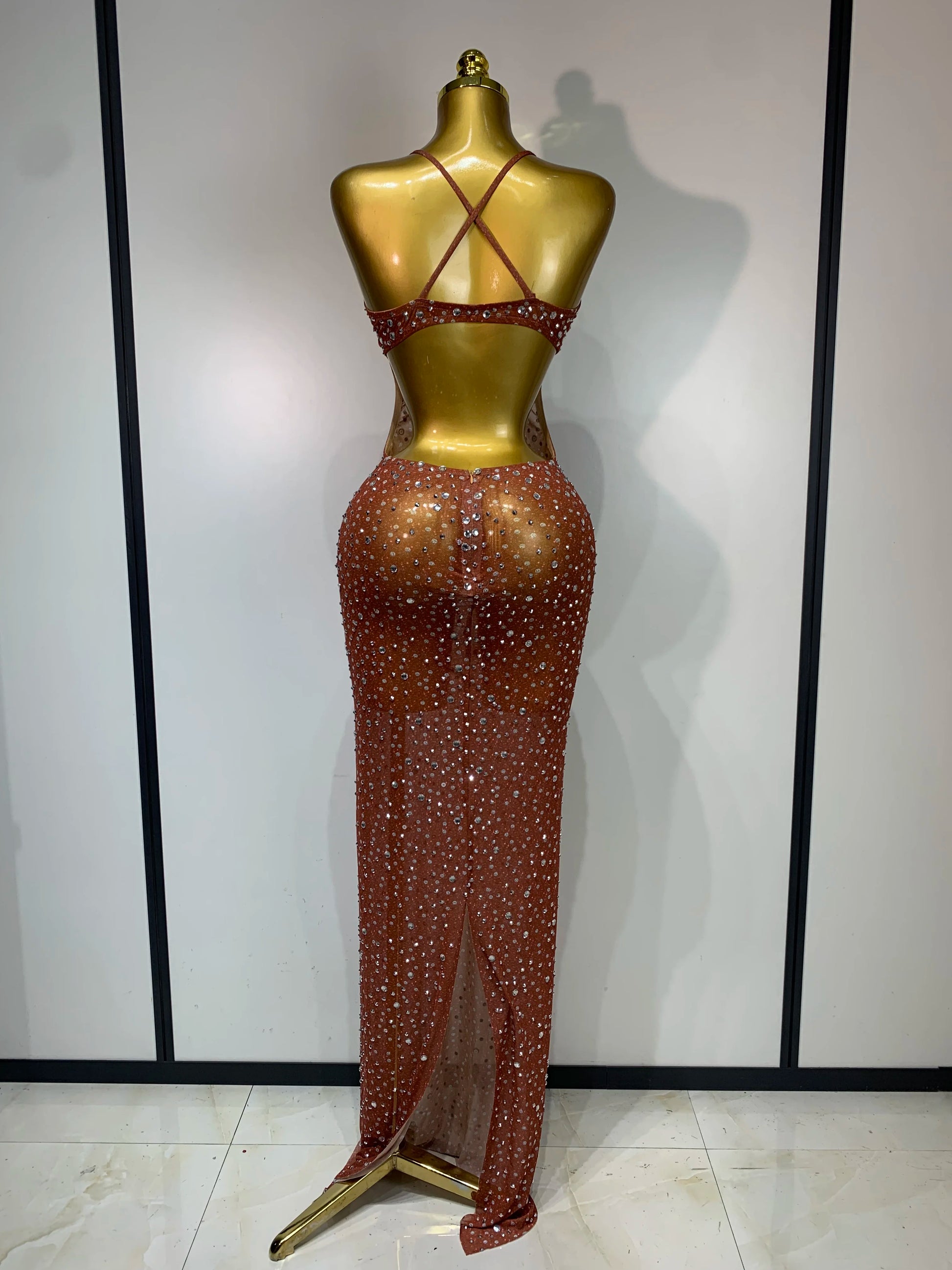 Women Sexy Backless Rhinestones Mesh Stretch See Through Maxi Dress Luxury Birthday Performance Singer Stage Costume Vestido