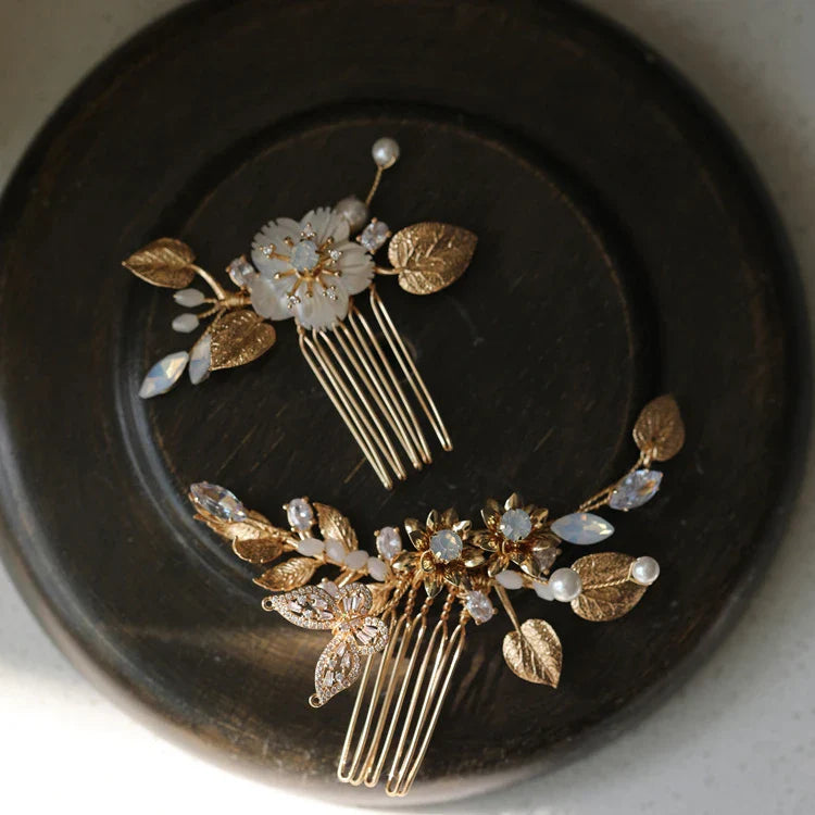 Opal Rhinestones Crystal Hair Comb Pin Clip Gold Color Head Piece Brides Flower Leaf Hairpins Wedding Accessories Bridal Jewelry