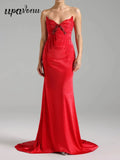 Sexy Women'S Light Luxury Nail Bead Design Tailcoat And Floor Dress Strapless Sleeveless Bodycon Backless Marx Red Dresses