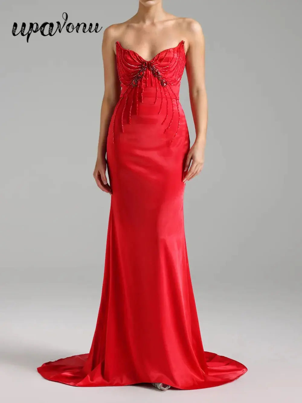 Sexy Women'S Light Luxury Nail Bead Design Tailcoat And Floor Dress Strapless Sleeveless Bodycon Backless Marx Red Dresses
