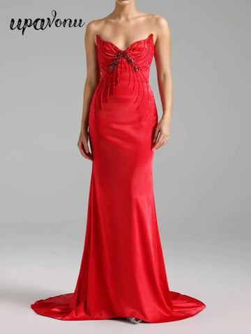 Sexy Women'S Light Luxury Nail Bead Design Tailcoat And Floor Dress Strapless Sleeveless Bodycon Backless Marx Red Dresses