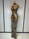 Women Sexy Mesh See Through Sparkly Rhinestone Long Maxi Dress Luxury Birthday Evening Party Prom Gowns Singer Stage Costume