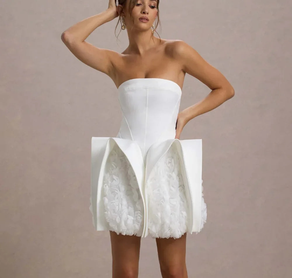 White Color Women Sexy Strapless Florals Bodycon Mini Dress Cute Girls' Birthday Party Celebrate Wedding Outfit