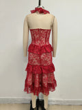 Sexy Lace Midi Halter Dress Women Red Ruffle Backless Sleeveless Party Dresses Summer Lady Vacation Robes New