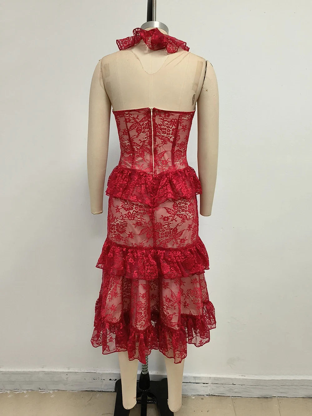 Sexy Lace Midi Halter Dress Women Red Ruffle Backless Sleeveless Party Dresses Summer Lady Vacation Robes New