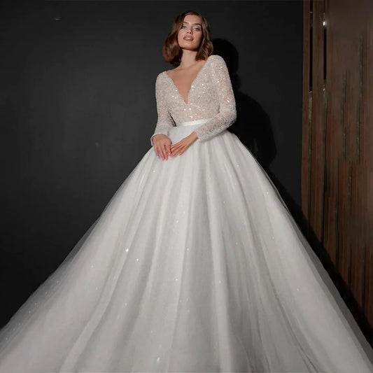 customized Sexy Deep V-neck Wedding Dress Romantic Long-sleeved Bride Gown Elegant Sequined A-Line Bride Gown Vestidos De Novia Red