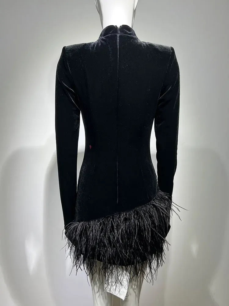 Autumn Elegant Dress Women's Party Dress High Neck Long Sleeve Gloves Luxury Crystal Design Velvet Mini Feather Dresses Vestido