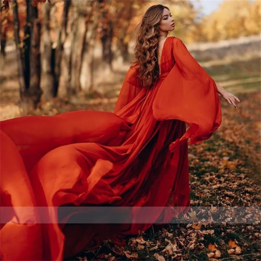 Trumpet Sleeve 30D Chiffon فساتين السهرة Red Long Sweep Train Flying Prom Dress Sexy V-neck A-line Prom Gown